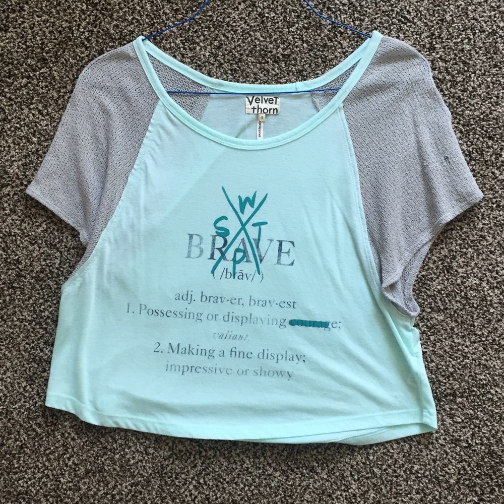 Soft define brave tee with crochet sleeves